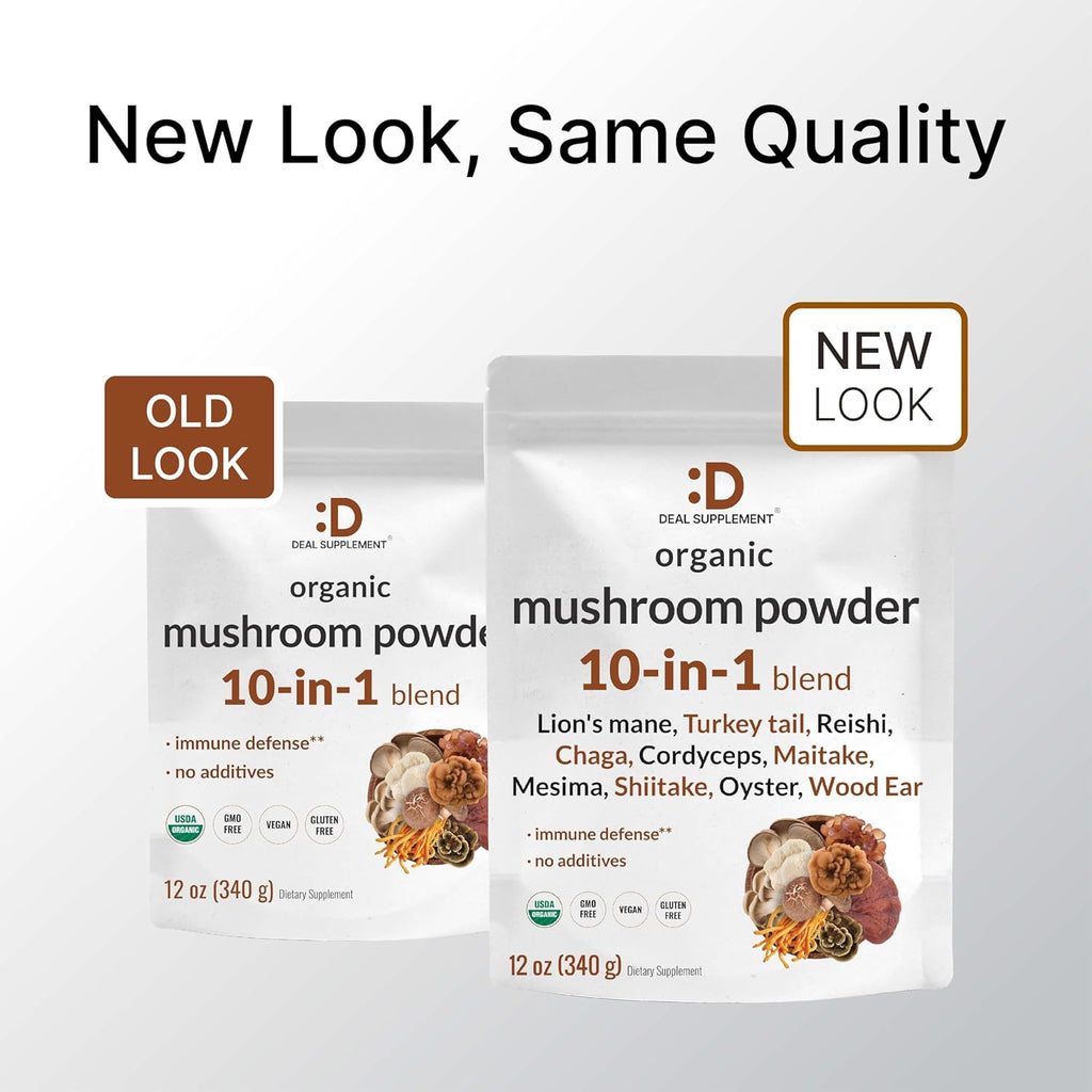 DEAL SUPPLEMENT Organic Mushroom Powder Supplement, 12oz – 10 in 1 Active Blend – Shiitake, Lions Mane, Cordyceps, Chaga, with More –Supports Immune, Energy, & Brain Health – Non-GMO, Vegan