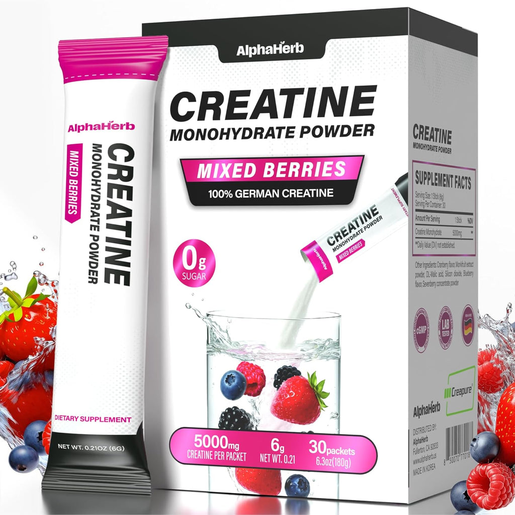 Creatine Monohydrate Powder – Creapure® German-Sourced, Mixed Berry Flavour, 30 Stick Creatine Packs, 5000mg Each | No Sugar, No Fillers, Gluten-Free