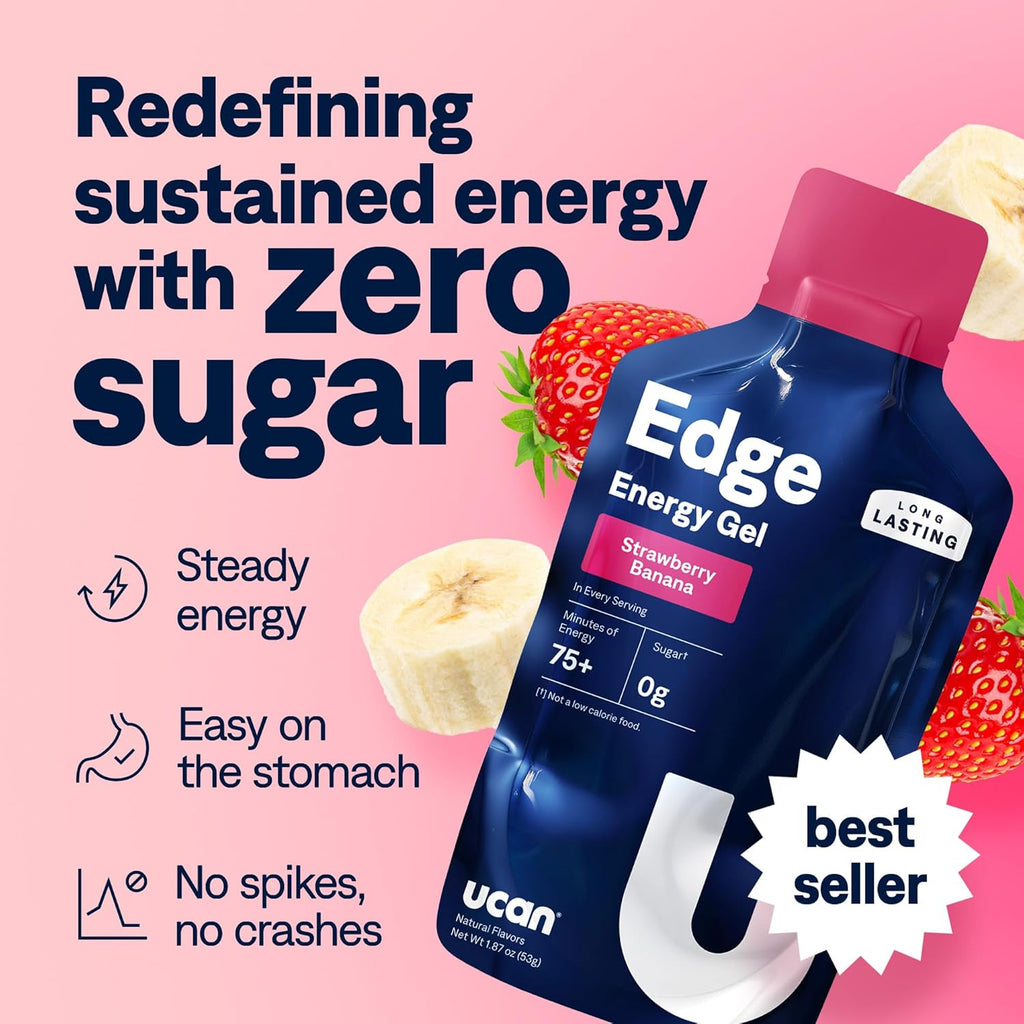 UCAN Edge Energy Gel Shots, Strawberry Banana (12, 2 Ounce Packets) for Running, Training, Workouts, Fitness, Cycling, Crossfit | Sugar-Free, Vegan, & Keto Friendly Energy