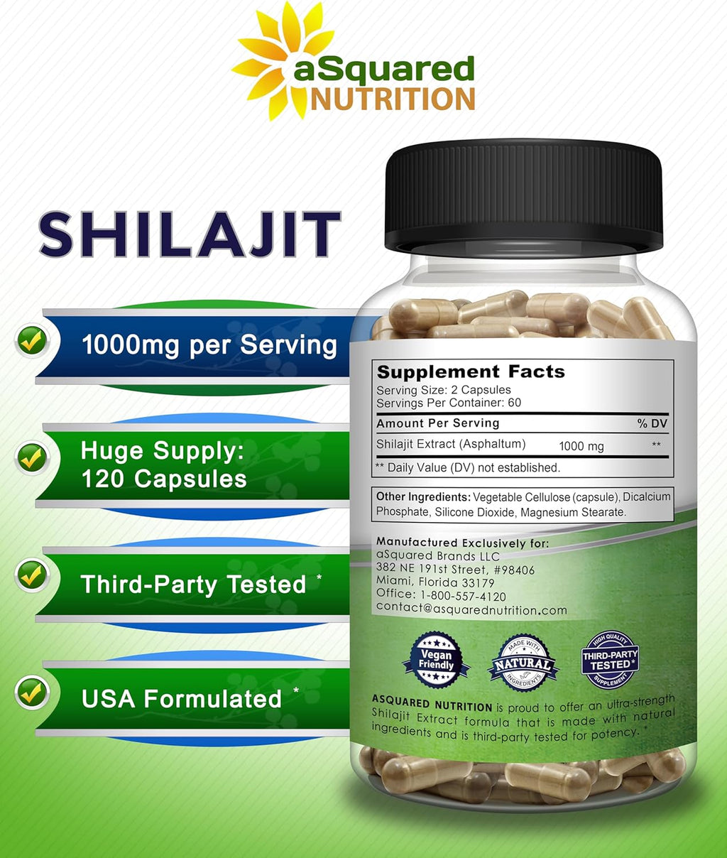 aSquared Nutrition Shilajit 1000mg - 120 Capsules - Pure Shilajit Extract Supplement and Powder Complex Pills - Natural Humic & Fulvic Acid & Trace Minerals - Alternative to Resin & Drops