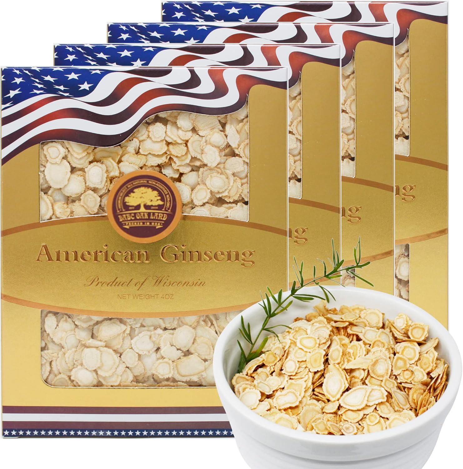 4 Boxes of American Ginseng Slices from Wisconsin,American Wisconsin Ginseng Slices Root for Tea, Energy for Men Women Mental Health Boosts Immunity, Gluten Free 花旗參, Small Round,16oz