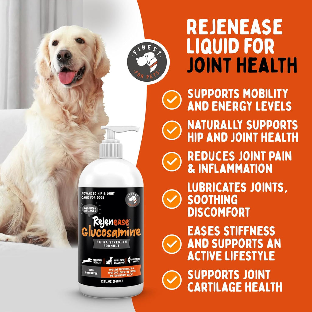 Rejenease Liquid Glucosamine for Dogs with Chondroitin, MSM & Hyaluronic Acid – Finest For Pets Hip & Joint Supplement for Dog Joint Support, Mobility, Stiffness & Pain Relief (32 oz, Made in USA)