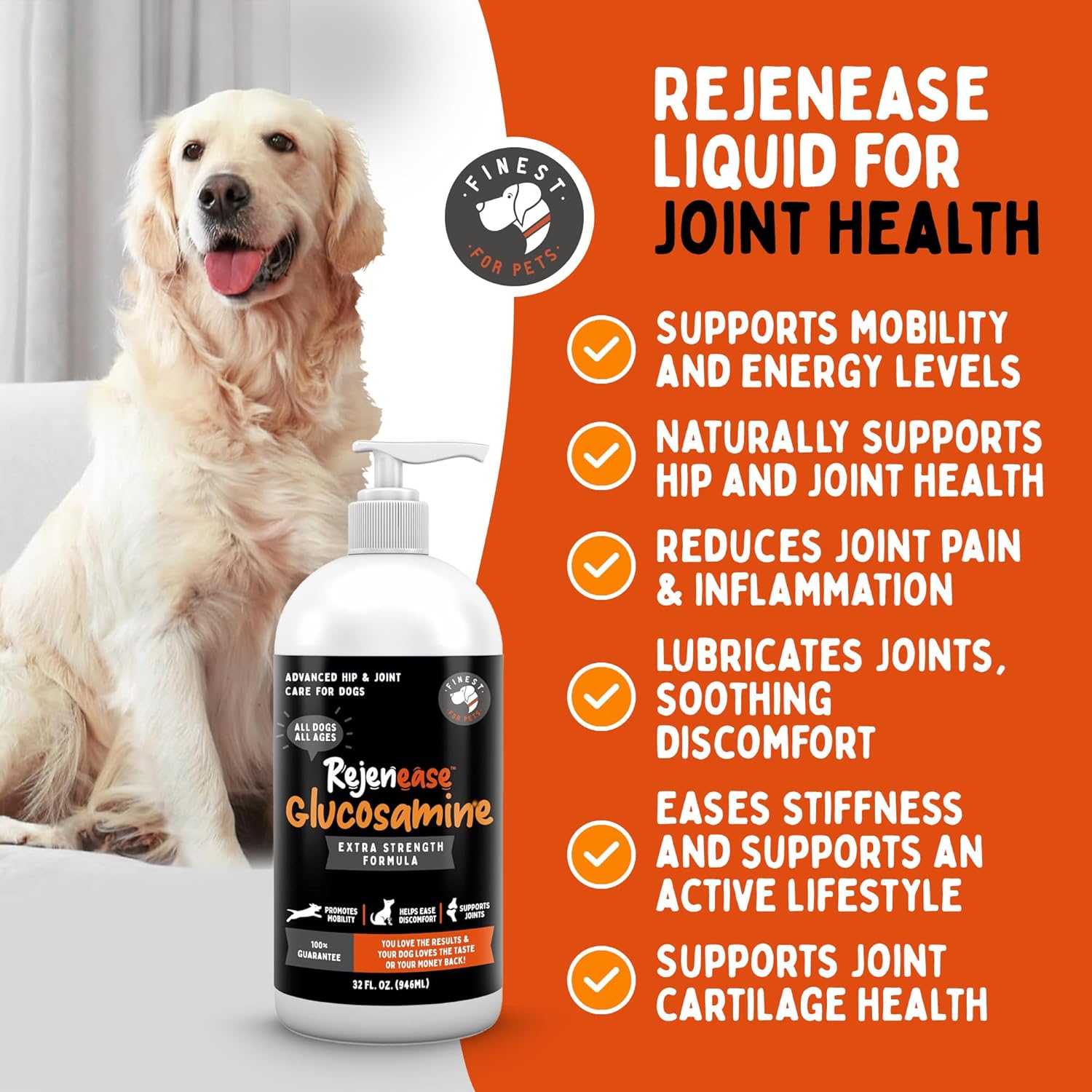 Rejenease Liquid Glucosamine for Dogs with Chondroitin, MSM & Hyaluronic Acid – Finest For Pets Hip & Joint Supplement for Dog Joint Support, Mobility, Stiffness & Pain Relief (32 oz, Made in USA)