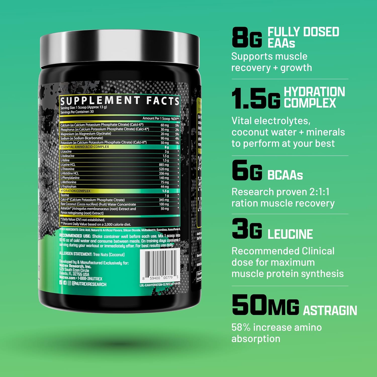 Nutrex Research EAA Hydration | EAAs + BCAAs Powder | Muscle Recovery, Strength, Muscle Building, Endurance | 8G Essential Amino Acids + Electrolytes | Maui Twist Flavor 30 Serving