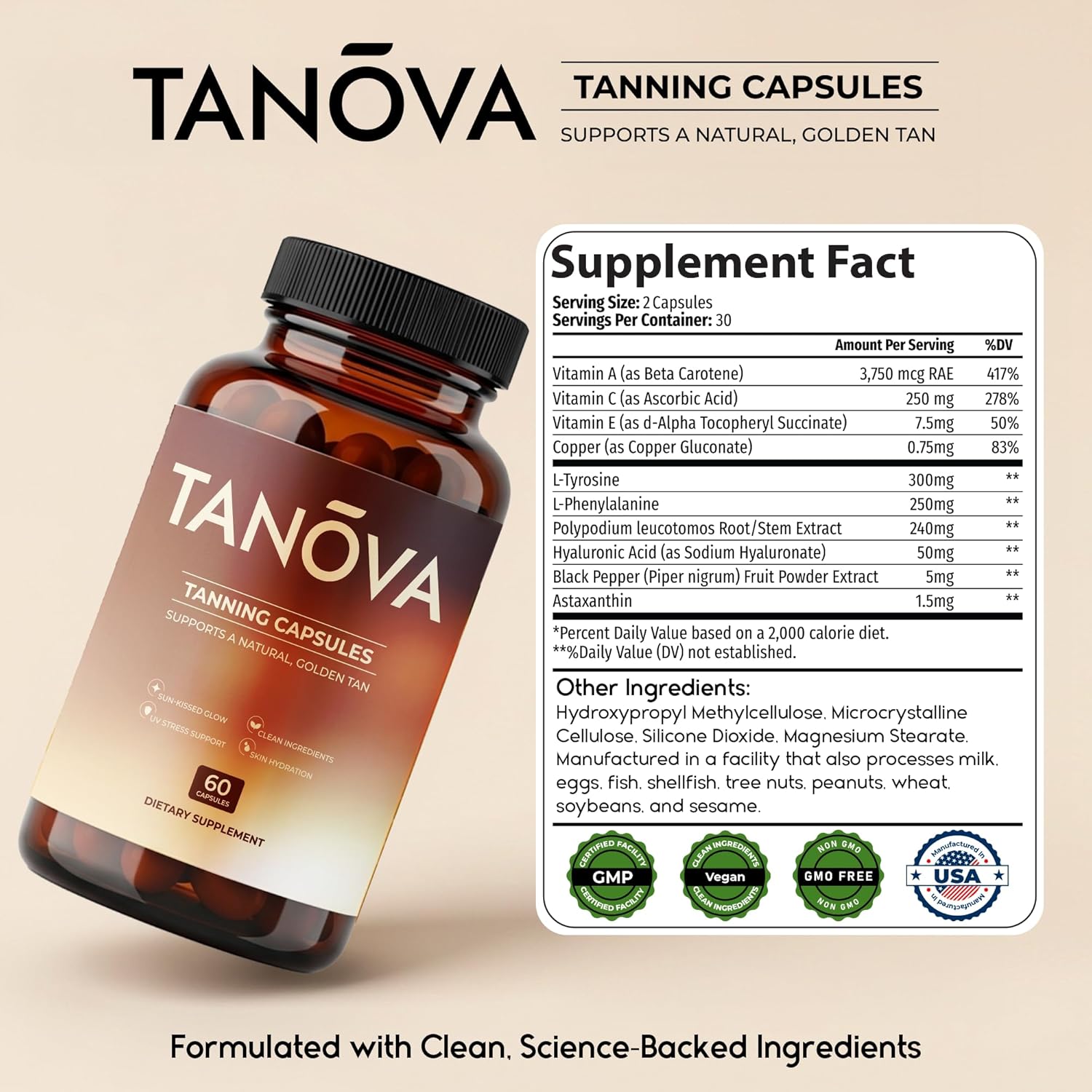 Tanova Tanning Pills – Supports a Natural Golden Glow, Skin Resilience & Anti-Aging Against Sun-Induced Oxidative Stress – with Astaxanthin, L-Tyrosine, Copper & Polypodium Leucotomos – 60 Capsules