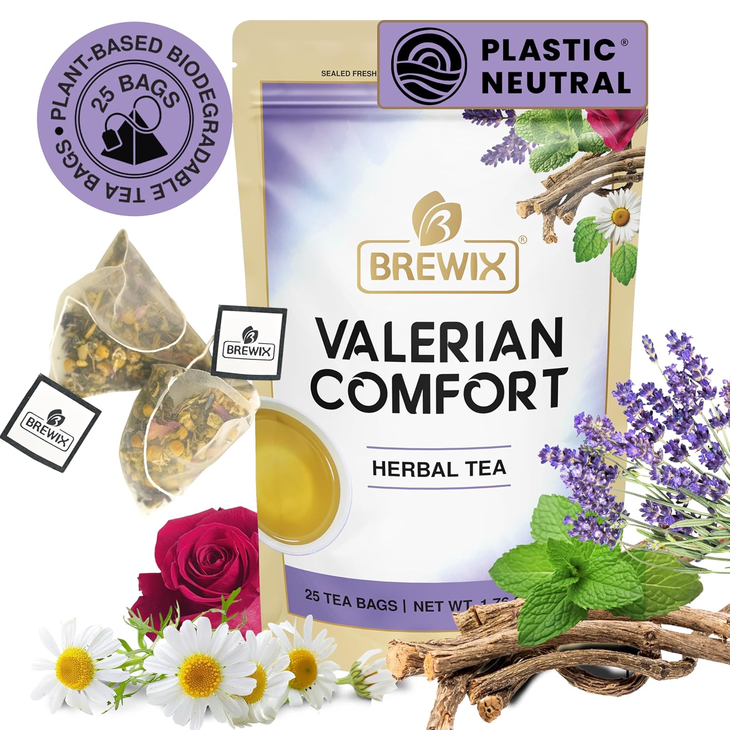 BREWIX, Valerian Comfort Tea for Sleep and Relaxation (25 Pyramid Bags) Caffeine-Free and Calming for Bedtime | Valerian Root, Chamomile & Lavender | Perfect Wellness Sleep