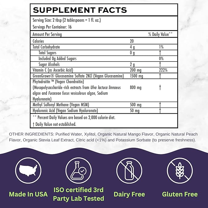 Joint Nourish – 100% Vegan Liquid Joint Supplement | Vegan Glucosamine, Chondroitin, MSM, Hyaluronic Acid & Vitamin C | Mango-Peach | Supports Joint Mobility, Cartilage & Skin | Sugar-Free,16 Servings
