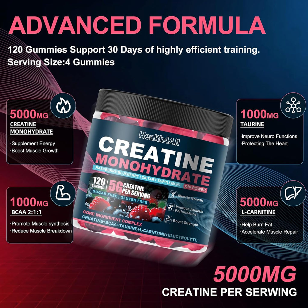 Health4All Creatine Monohydrate Gummies 5G for Men & Women, Preworkout Supplement for Energy & Muscle Growth Support with Electrolyte, BCAA, L-Carnitine & Taurine- Raspberry & Blueberry 120 Gummy