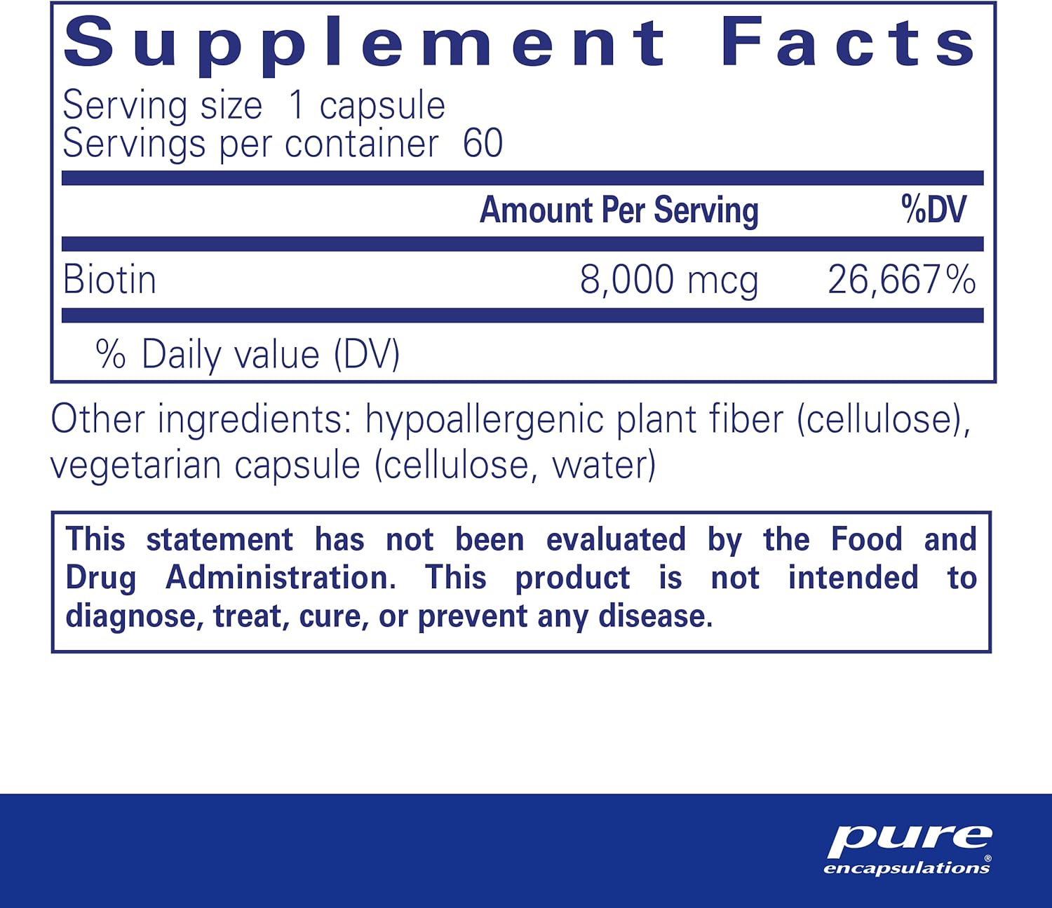 Pure Encapsulations Biotin 8 mg - B Vitamin Supplement to Aid Stress Relief, Hair, Skin & Nail Strengthening, Metabolism, Carbohydrate Support & Nervous System* - with Premium Biotin - 60 Capsules