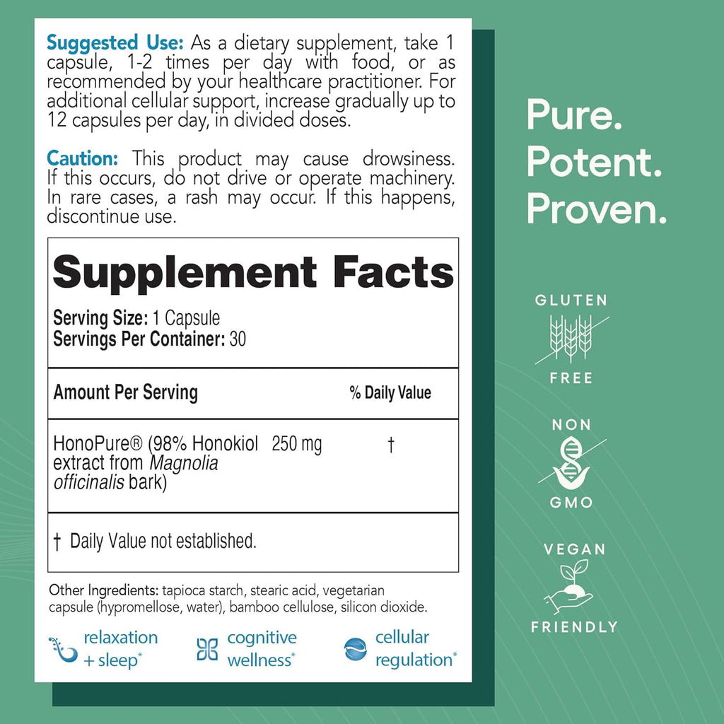 EcoNugenics HonoPure Magnolia Bark Extract – 98% Pure Honokiol Supplement Helps with Brain Function, Sleep Aid, Stress Relief & Overall Mood – Nootropic with GABA & Antioxidant Support – 30 Capsules