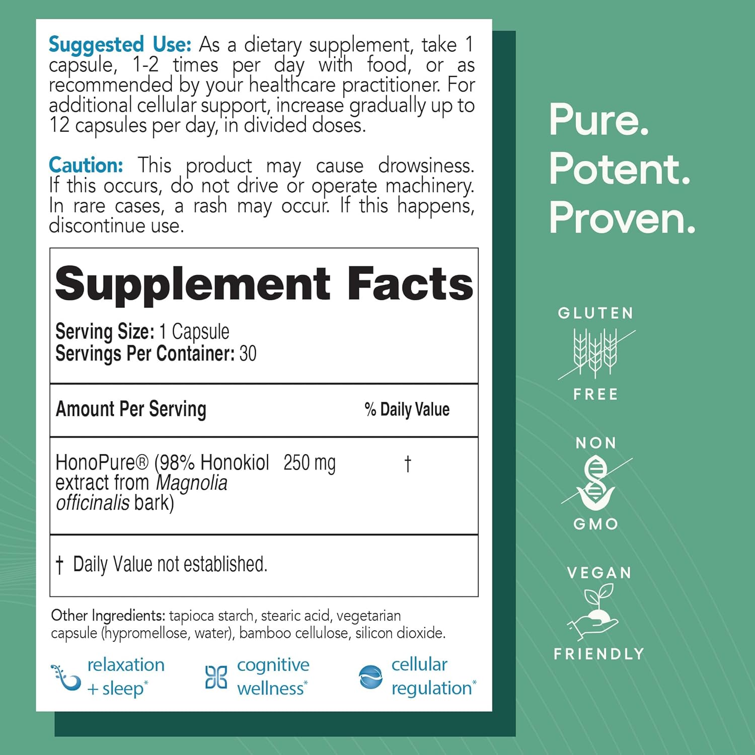 EcoNugenics HonoPure Magnolia Bark Extract – 98% Pure Honokiol Supplement Helps with Brain Function, Sleep Aid, Stress Relief & Overall Mood – Nootropic with GABA & Antioxidant Support – 30 Capsules