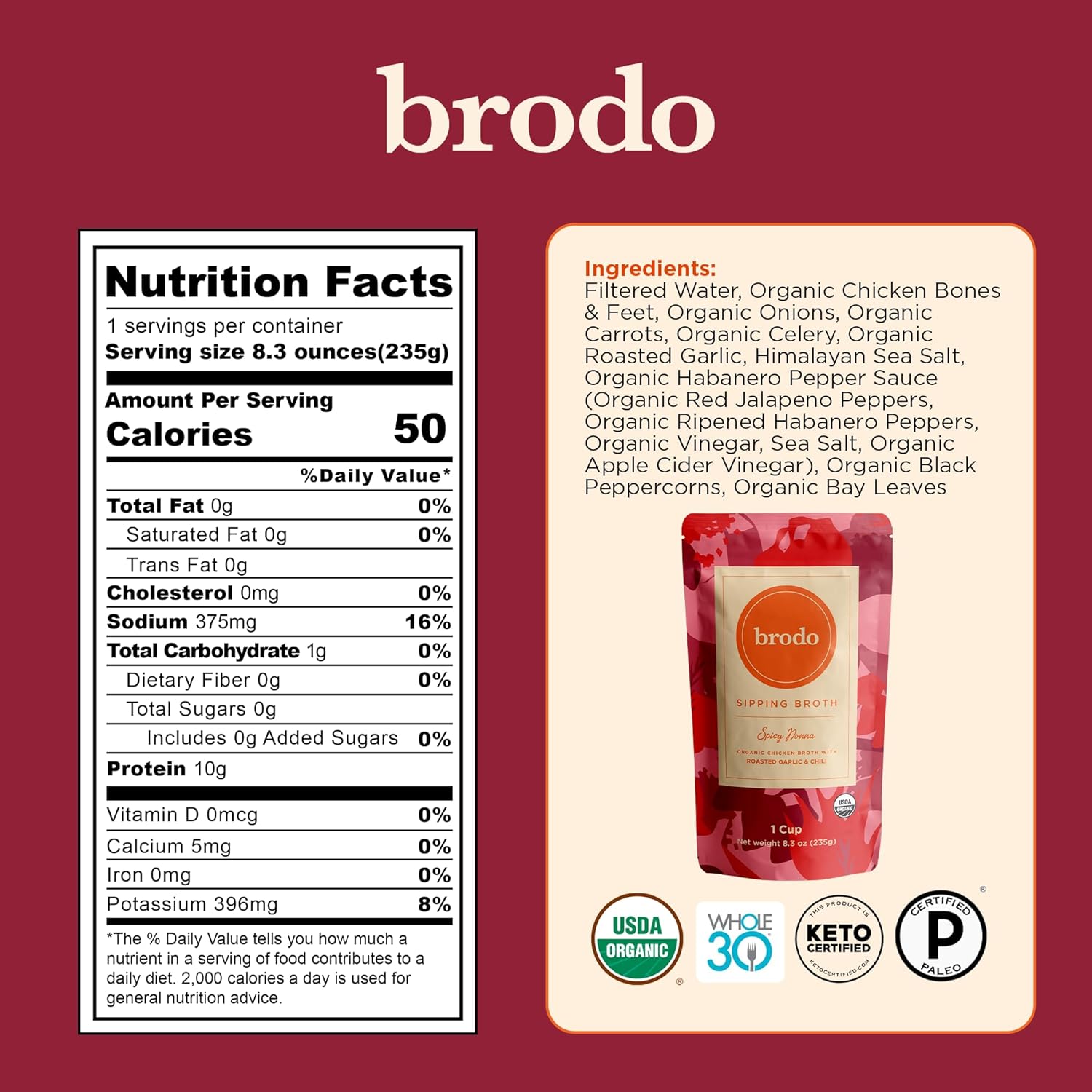 Brodo Broth Variety Pack | 1 Chicken, 1 Hearth, 1 Deeply Rooted, 1 Spicy Nonna, 1 Tom Yum, 1 Tuscan Sun Single Serving Pouches | Not Made From Concentrate, No Preservatives (6x 8.3 oz Pouches)