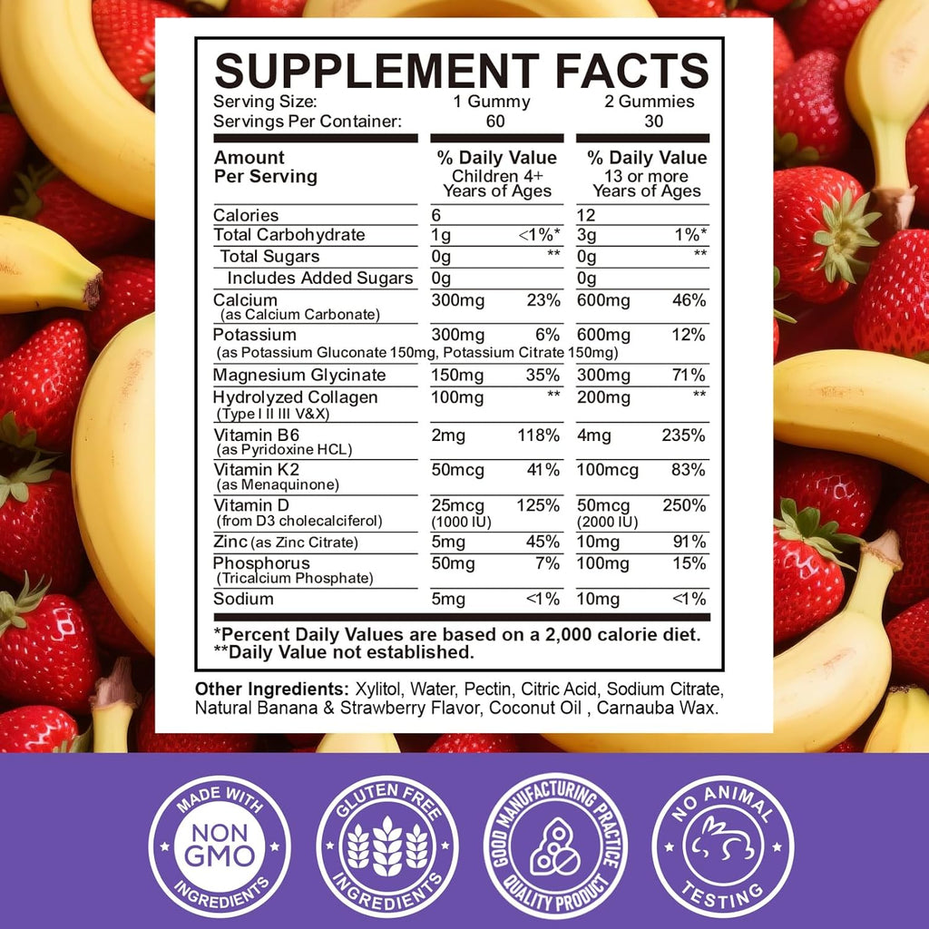 Calcium Potassium Magnesium Gummies for Kids & Adults, Magnesium Potassium Calcium Supplement for Kids, Sleep, Bone Strength, Density Support, Sugar Free, Juice Banana & Strawberry Flavor, 60 Gummies