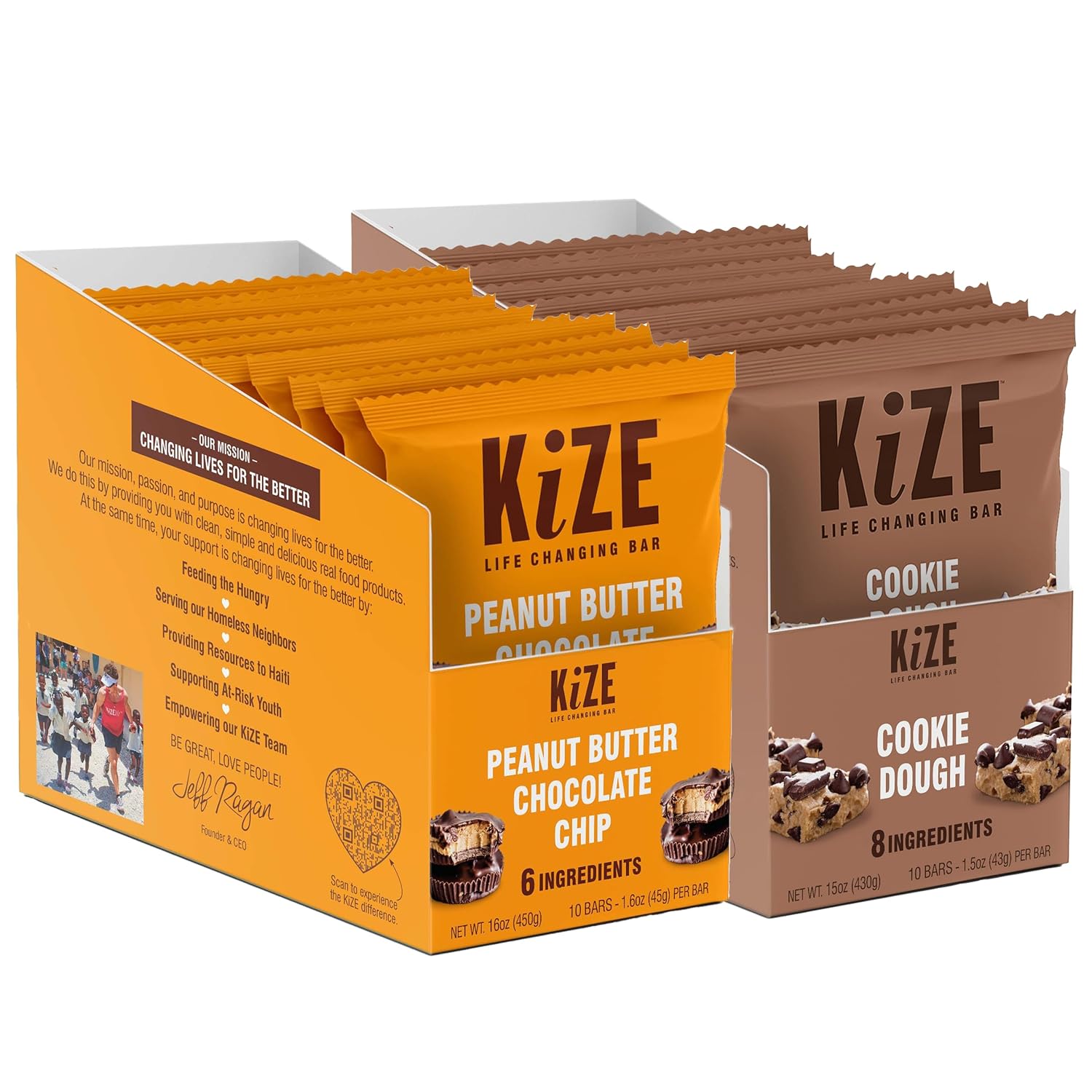 KiZE Energy Bars - Peanut Butter Chocolate Chip & Cookie Dough Bundle - 20-Count - Gluten Free, Dairy Free Options, Non-GMO, and High Protein Meal Replacement Energy Bars, Clean and Simple Food Ingredients - 10g High Protein Snacks (20 Count)