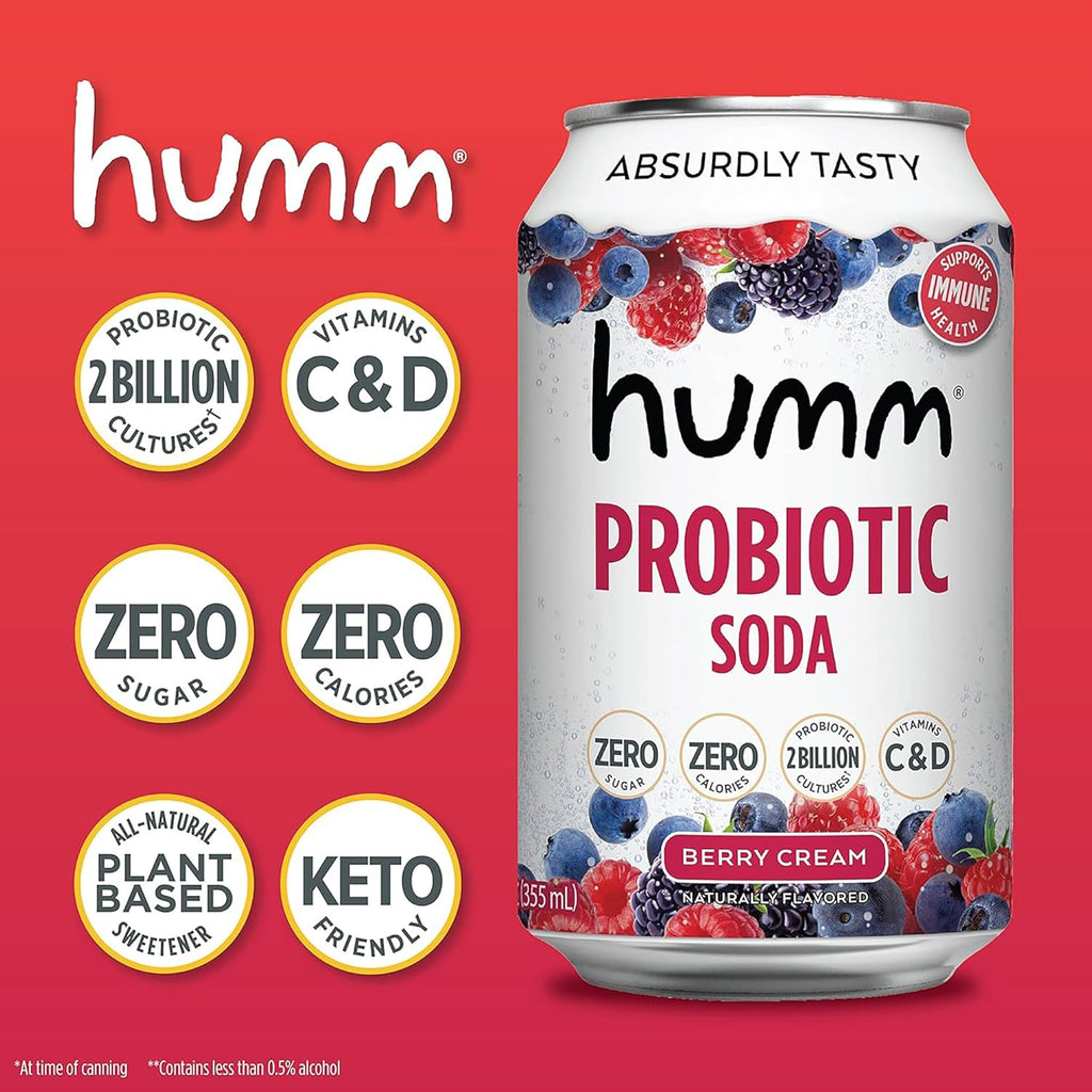Humm Sparkling Probiotic Berry Cream Soda, Zero Sugar, Zero Calorie, 2 Billion Probiotics, Vitamin C, D, and B12, 12 fl oz (12 Pack)