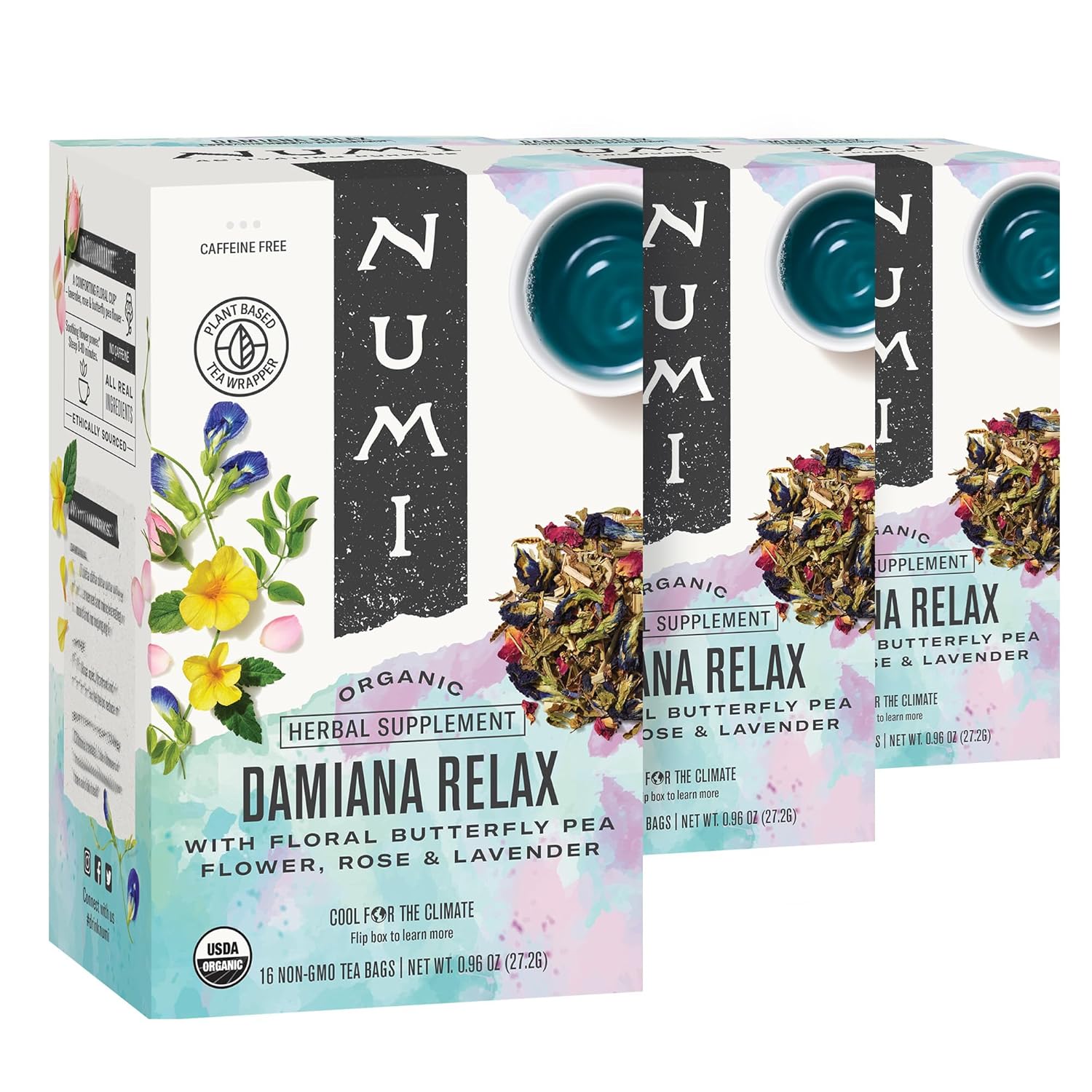 Numi Organic Tea Damiana Relax, 48 Herbal Tea Bags for Calm and Relaxation