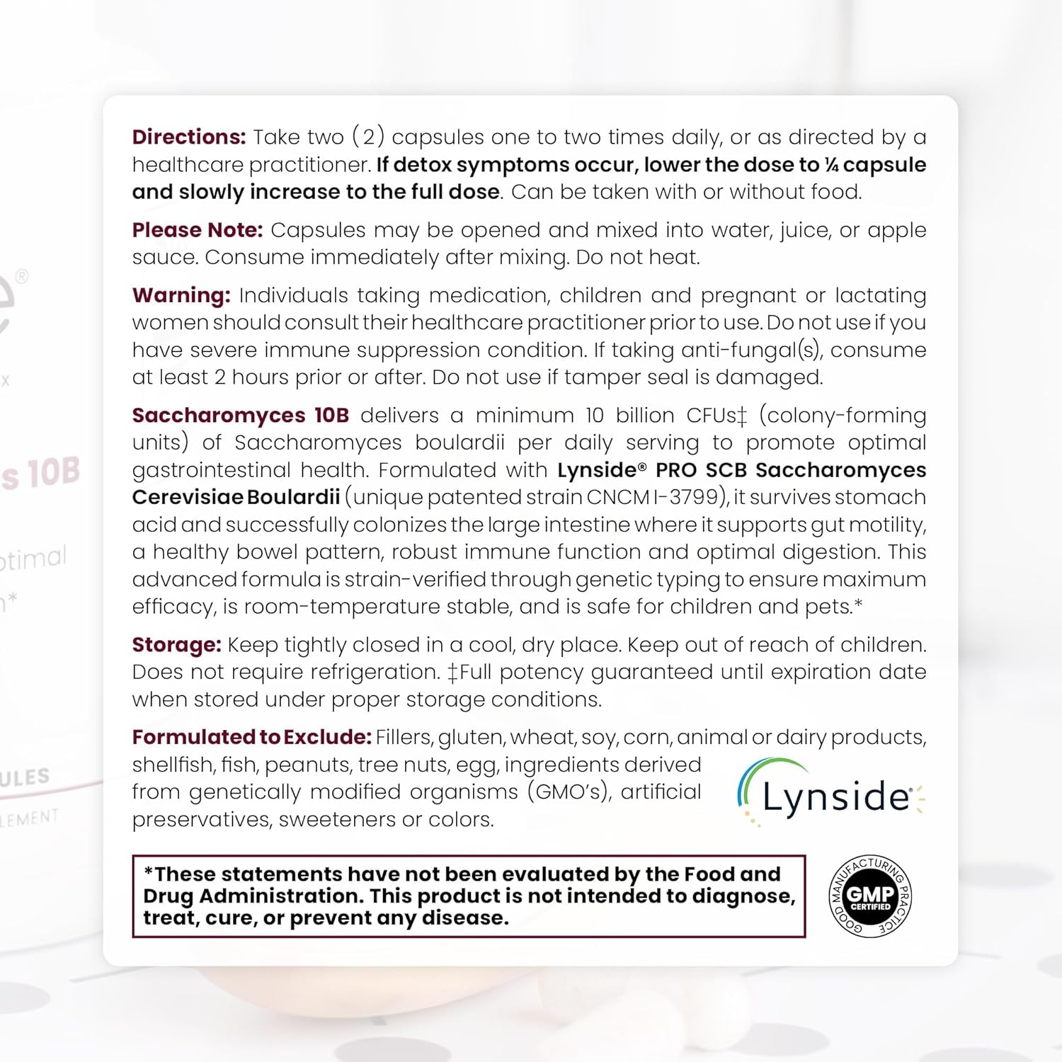 Saccharomyces 10B - Saccharomyces Boulardii, 10 Billion CFU Per Serving, Patented Strain: Lynside CNCM I-3799, Probiotic Capsules, Probiotics for Men and Women - 120 Count
