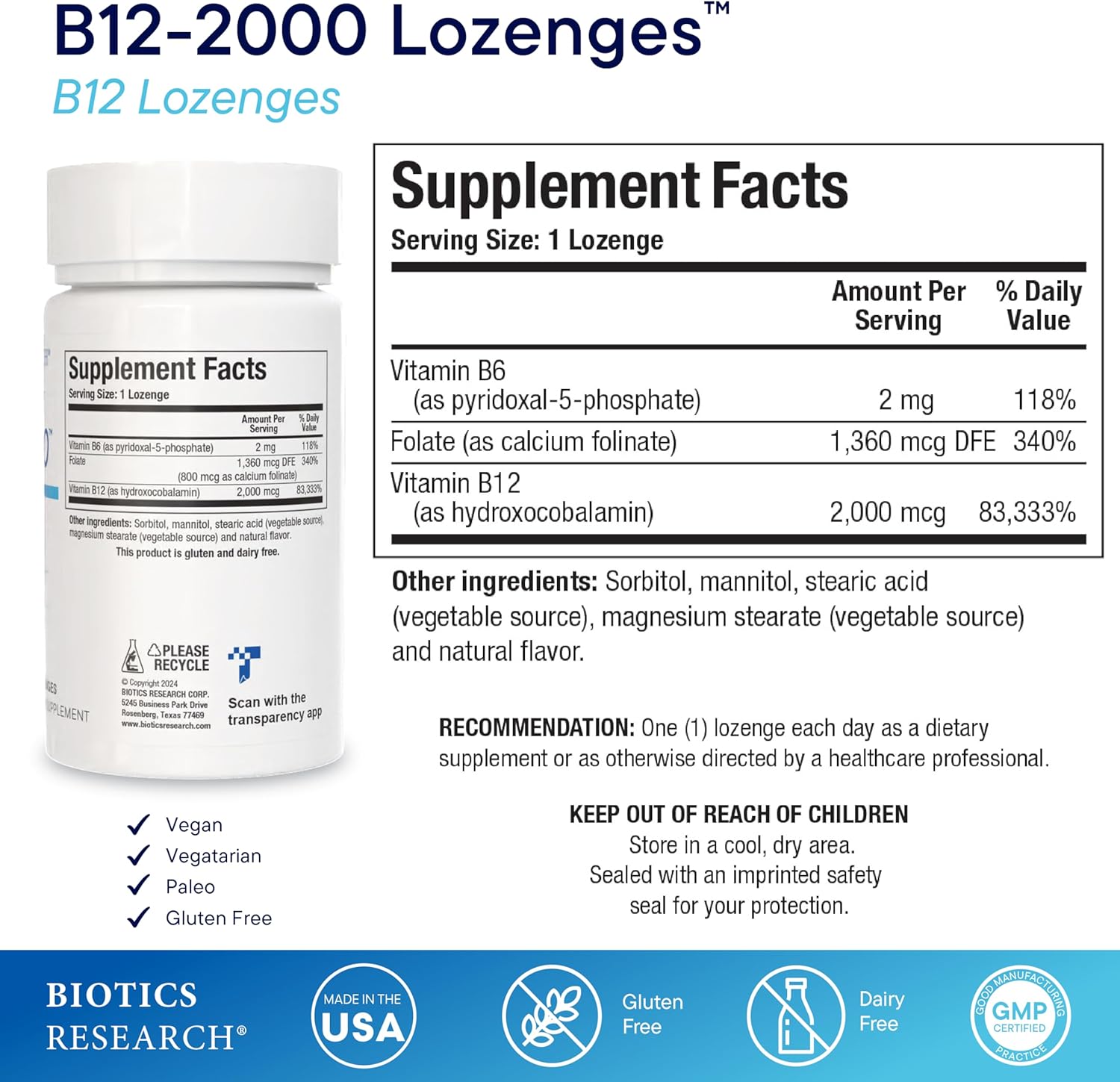 Biotics Research B12-2000™ Vitamin B12 2000 mcg, B6, Folate–B12 Sublingual Lozenges, Methylation Support Supplement, High Potency, Highly Absorbable, Natural, Berry Flavor, Dissolves Easily–60 Count