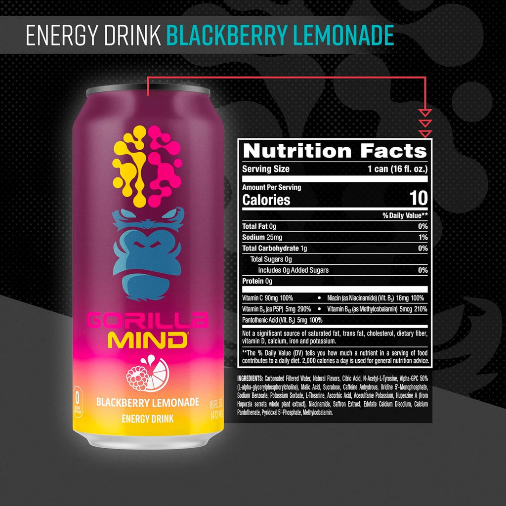 Gorilla Mind Energy Drink | Unmatched Energy · Amplified Focus | N-Acetyl-L-Tyrosine, Alpha-GPC, 200mg Caffeine, Uridine, Saffron | 0 Sugar Or Artificial Colors | 16oz, 12-Pack (Blackberry Lemonade)