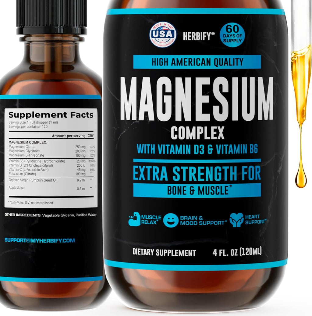 Magnesium Complex Drops - Magnesium Glycinate Liquid Citrate L-Threonate Complex with Vitamin D Vitamin B6 Vitamin C - Potassium supplement for Muscle, Mood, Heart & Nerve Support – Made in USA - 4 Oz