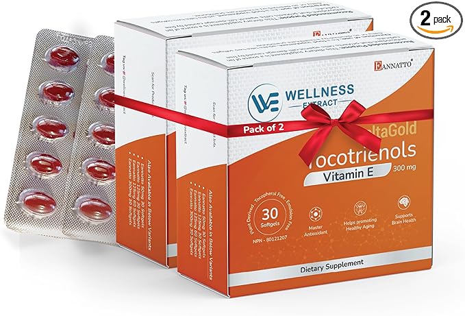 WELLNESS EXTRACT Eannatto Tocotrienols Vitamin E Supplements Tocopherol Free, Supports Immune Health, Non-GMO, Gluten Free & Antioxidant 300mg 30 Softgels (Pack of 2)