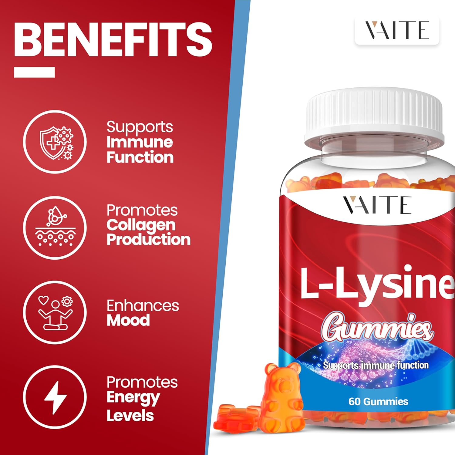 L-Lysine 1000mg Gummies - Supports Skin, Lip, Vegan, Gluten Free, 60 Chewable Lysine for Adults, Vitamins Tissue Health & Immune System, Amino Acid Vitamin Supplement & Complex Supplements (3 Pack)