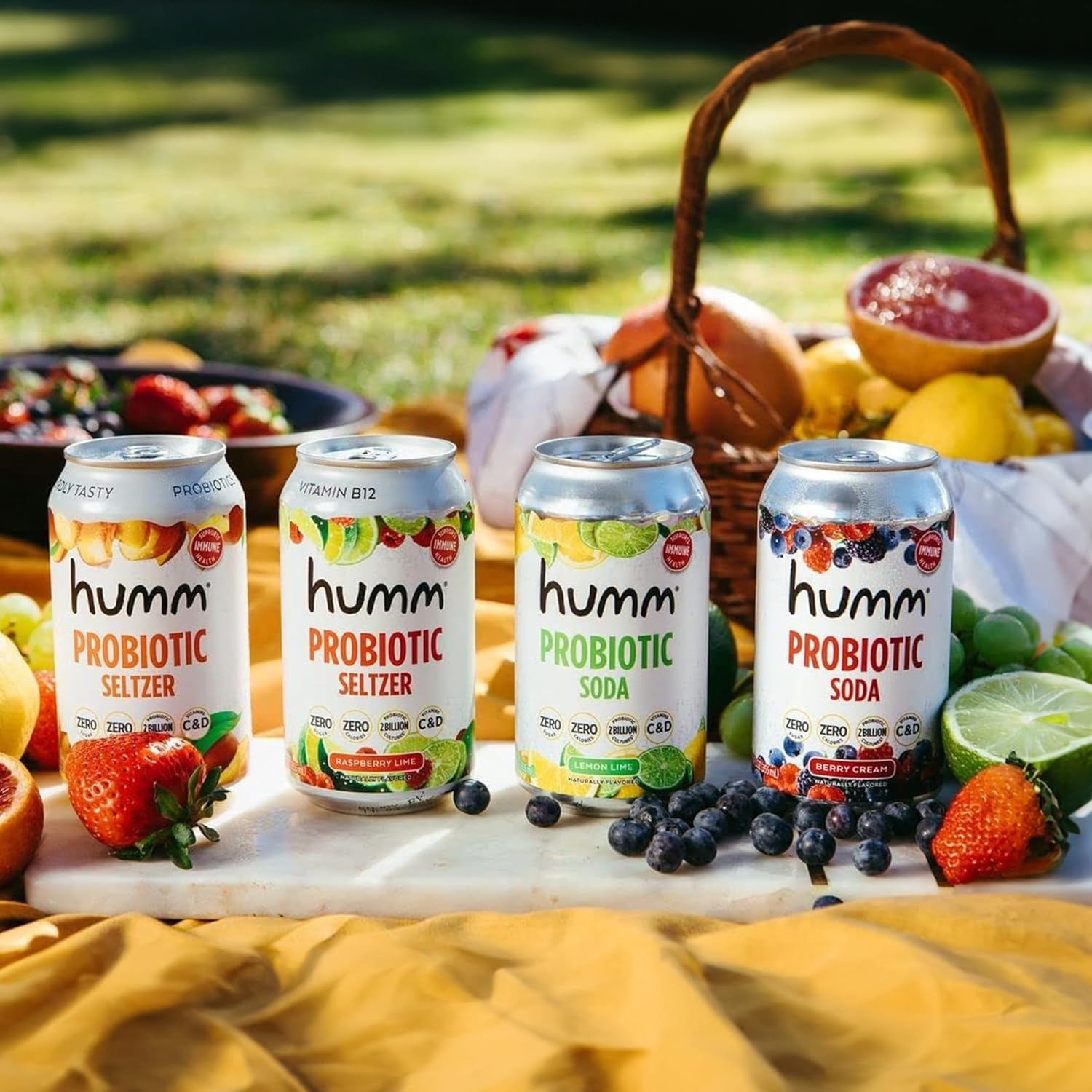 Humm Sparkling Probiotic Lemon Lime Soda, Zero Sugar, Zero Calorie, 2 Billion Probiotics, Vitamin C, D, and B12, 12 fl oz (Pack of 12)