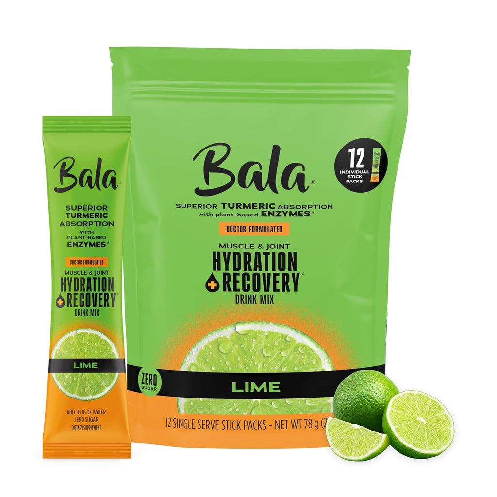 Bala Enzyme - Total Body Wellness Drink Mix - Lime Flavor - Hydrate & Recover with Electrolytes, Turmeric & Amino Acids - 0.25oz (12 Count)