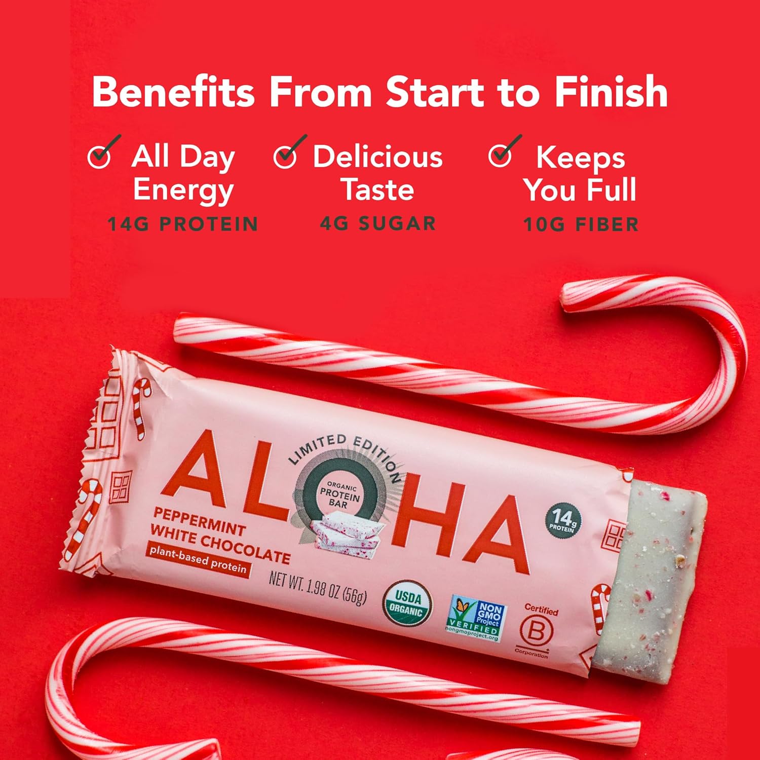 ALOHA Organic Plant Based Protein Bars - Peppermint White Chocolate, Vegan, Low Sugar, Gluten-Free, Paleo, Low Carb, Non-GMO, No Stevia, No Erythritol - LIMITED EDITION, 12 Count (Pack of 1)