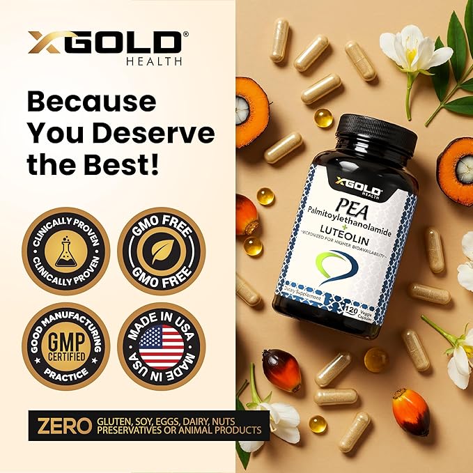 Palmitoylethanolamide 630 mg + Luteolin Standardized 98%- Micronized Pea 99% Highly Purified and Bioavailable - Made in USA - Supplement for Men and Women - 120 Veggie Capsules
