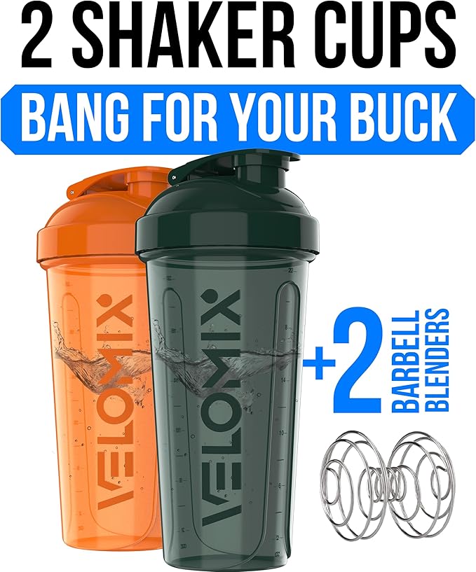 VELOMIX -2 Pack- 28 oz Protein Shaker Bottles for Protein Mixes - 2x Wire Whisk | Leak Proof Shaker Cups for Protein Shakes | Protein Shaker Bottle Pack | Shakers for Protein Shakes-Green&Orange