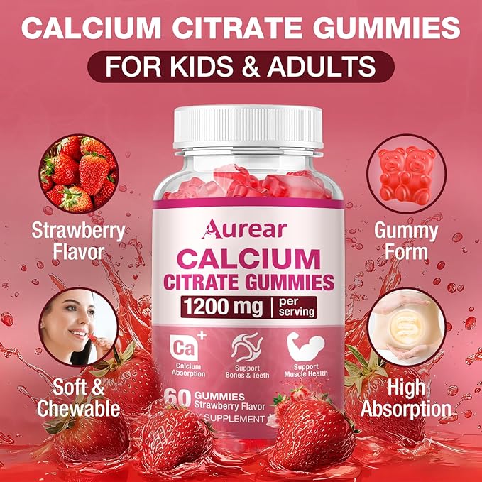 Calcium Citrate Gummies - Strawberry Flavor, 1200mg High Potency, Supports Bone, Muscle & Overall Wellness for Men, Women & Seniors, 60 Count Chewable Calcium Supplement (Pack of 2)