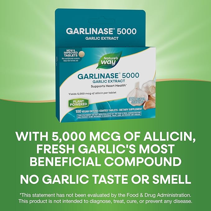 Nature's Way Garlinase 5000, Garlic Extract, Supports Heart Health*, Odorless Garlic Supplements, Vegan, 100 Tablets