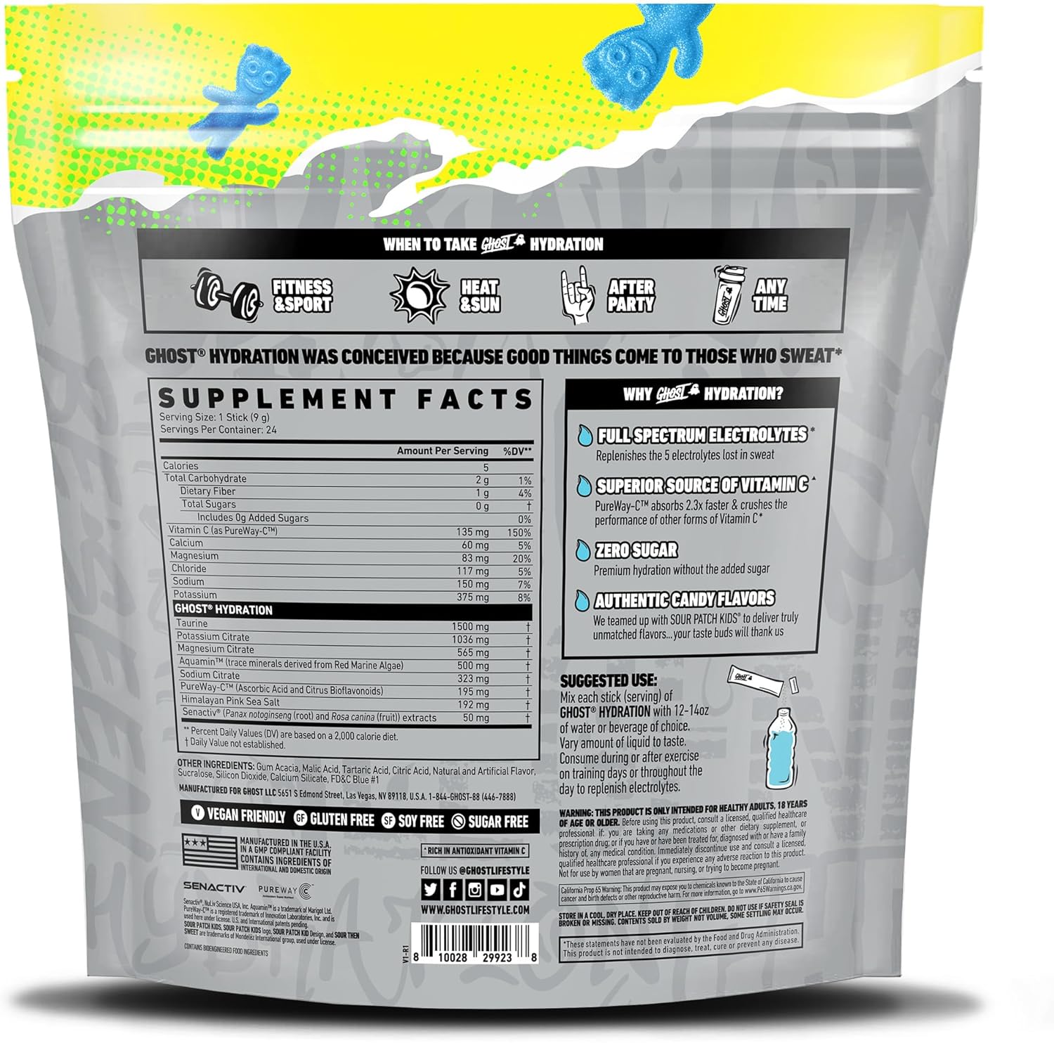 GHOST Hydration Packets, Sour Patch Kids Blue Raspberry, 24 Sticks, Electrolyte Powder - Drink Mix Supplement with Magnesium, Potassium, Calcium, Vitamin C - Vegan, Free of Soy, Sugar & Gluten