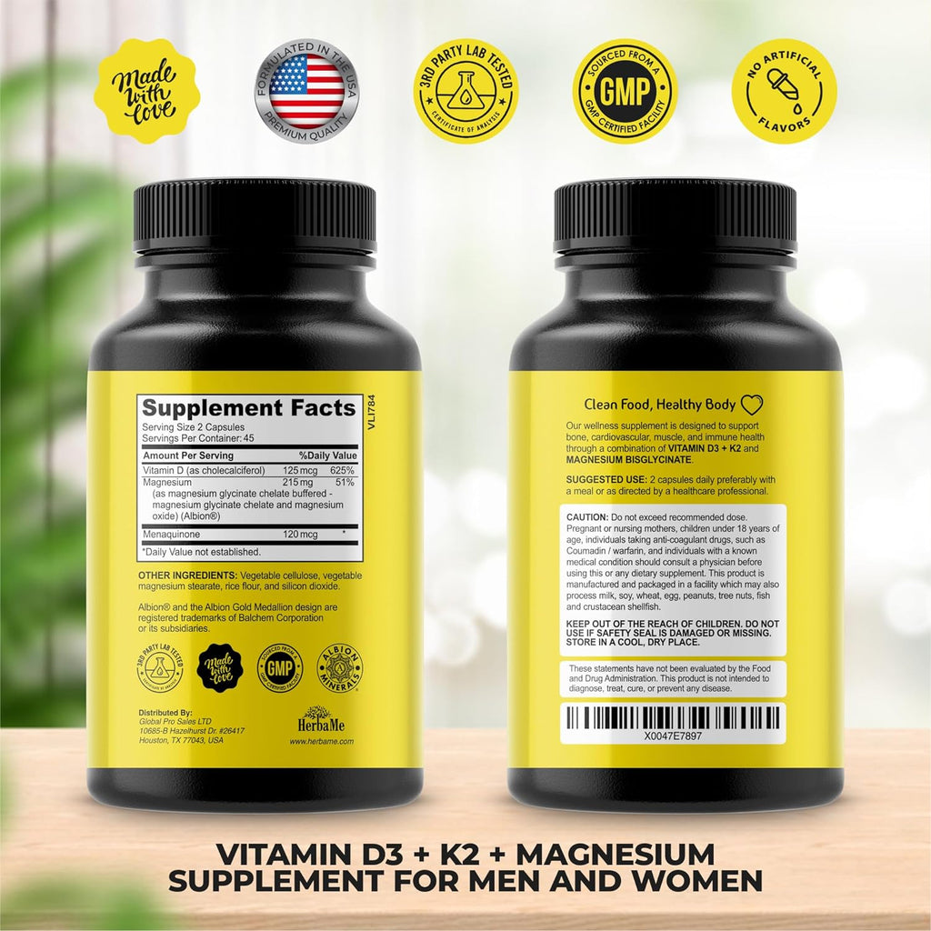 Vitamin D3 5000 IU + K2 with Magnesium Bisglycinate for Max Absorption | 90 Capsules | Immune Support | Promotes Heart, Bone and Muscle Health