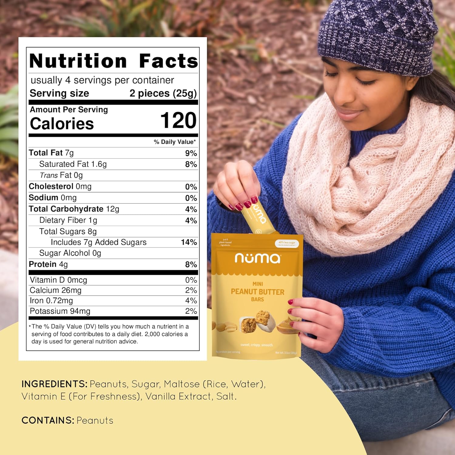 Numa Foods Mini Peanut Butter Bars – Vegan, Low Sugar, High Protein, All Natural, Gluten Free – Crunchy Plant Based Peanut Butter Snacks – 3 Bags with 8 Individually Wrapped PB Bites