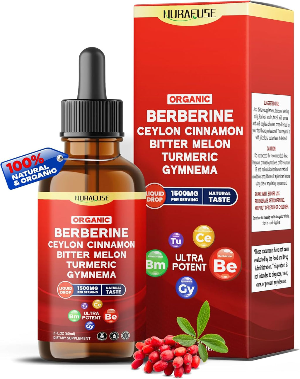 Organic Berberine, Ceylon Cinnamon, Bitter Melon, Turmeric, Gymnema Liquid Drops – 1500mg per Serving, Ultra Potent – 2 FL OZ (60ml)