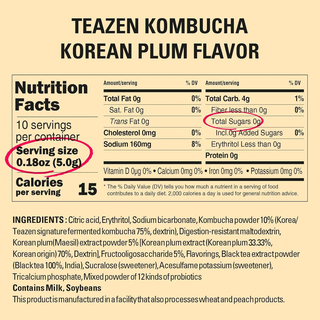 TEAZEN Kombucha Tea, Japanese Apricot Flavor, Zero Sugar, Sparkling Fermented Powdered Mix Beverage from Korea, Live Probiotics & Prebiotics, 10 Sticks, 1.76oz