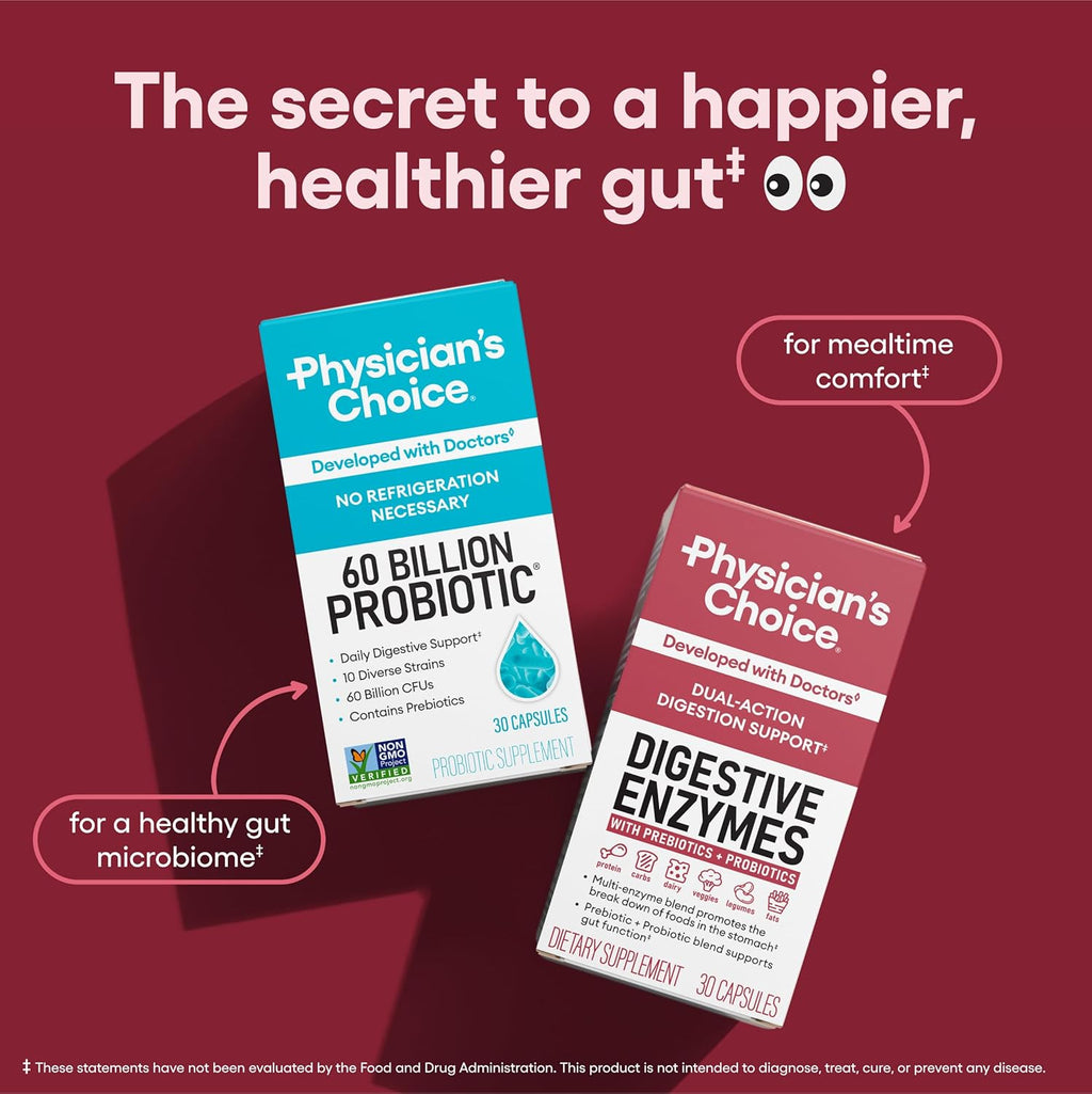 Physician's CHOICE Digestive Enzymes - Multi Enzymes, Organic Prebiotics & Probiotics for Digestive Health & Gut Health - Meal Time Discomfort Relief & Bloating - Dual Action Approach - 180 CT