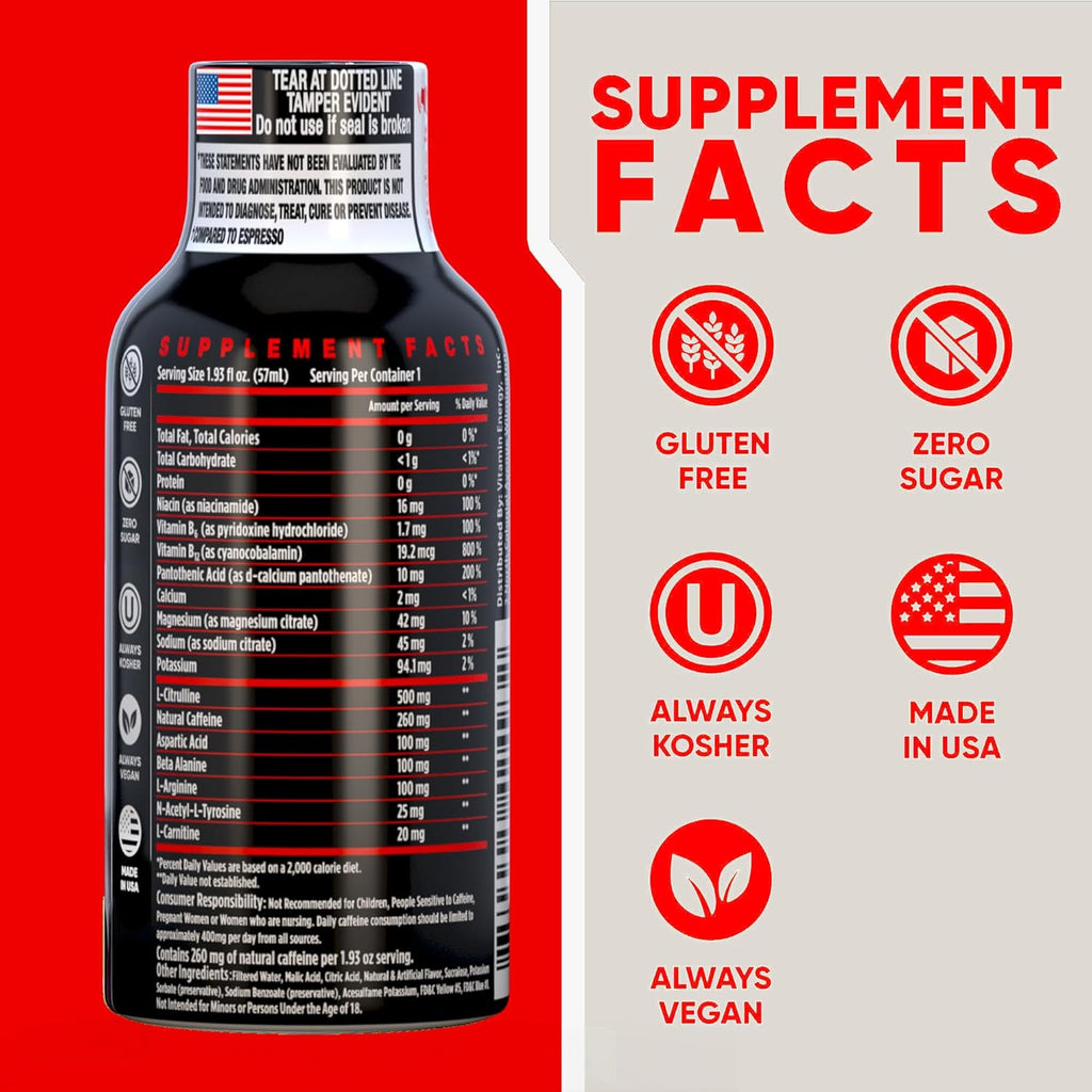 Vitamin Energy Workout+ Extra Strength Energy Shot Berry 24 Pack, 260mg Natural Caffeine, Pre-Workout, B-Vitamins, Minerals, Endurance & Performance, Zero Sugar, Gluten-Free, Vegan, 1.93 fl oz