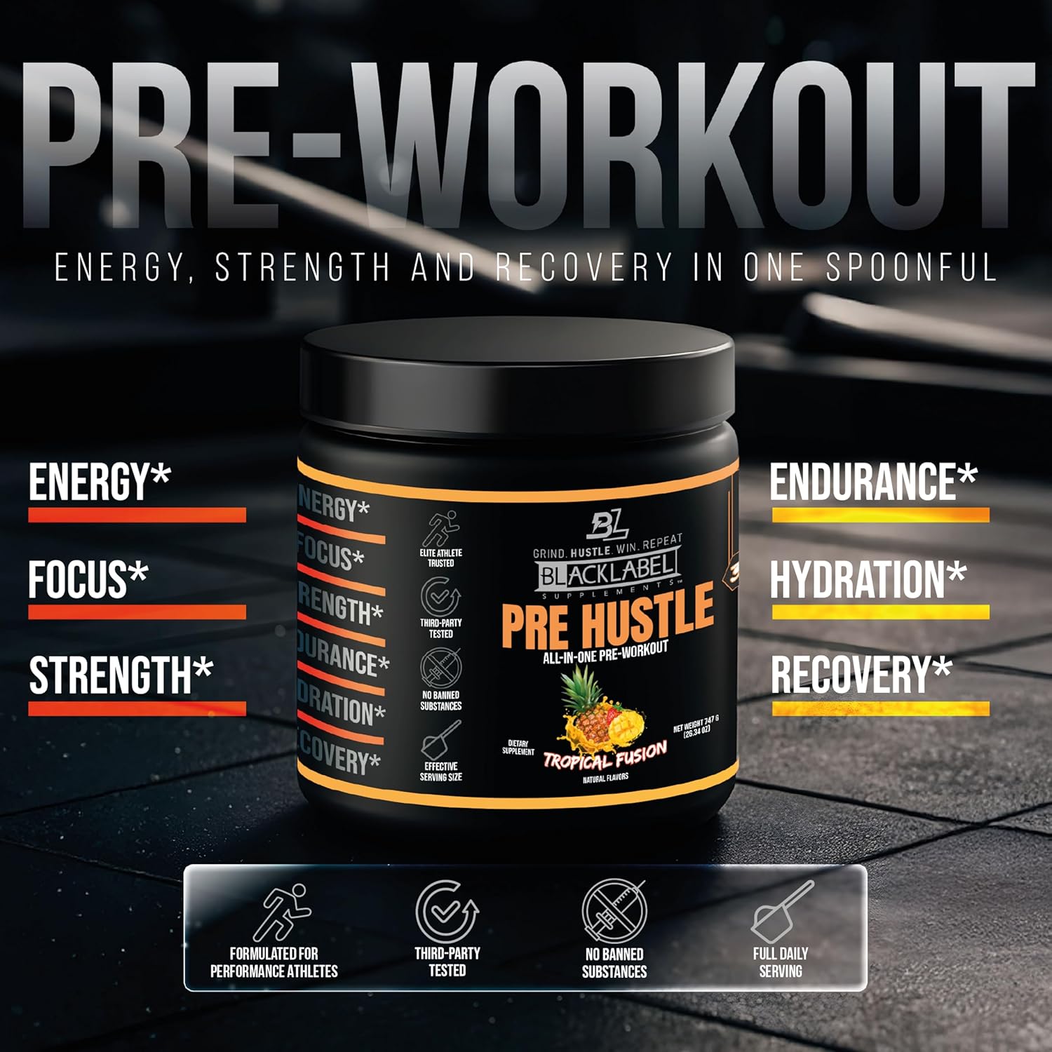 BLACKLABEL Supplements PRE Hustle V3 Pre-Workout Powder – NSF Certified for Sport – Energy, Strength & Endurance Support – Tropical Fusion Flavor – with Creatine & Caffeine – 30 Servings