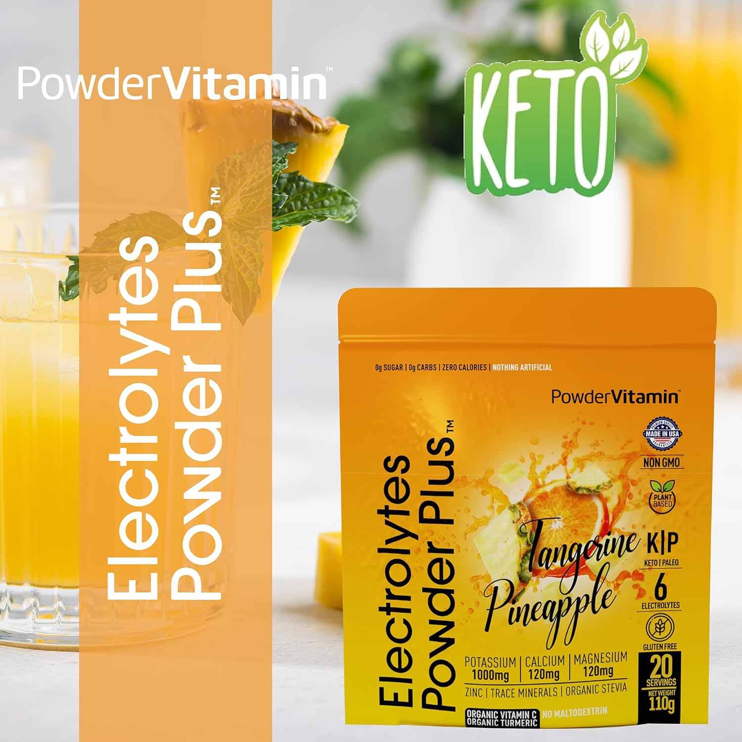 PowderVitamin Electrolytes Powder Plus (20 Servings) Tangerine Pineapple Electrolyte Powder Zero Calorie Keto,0Sugar,No Maltodextrin,1000mg Potassium,120mg Calcium,120mg Magnesium, Pink Himalayan Salt