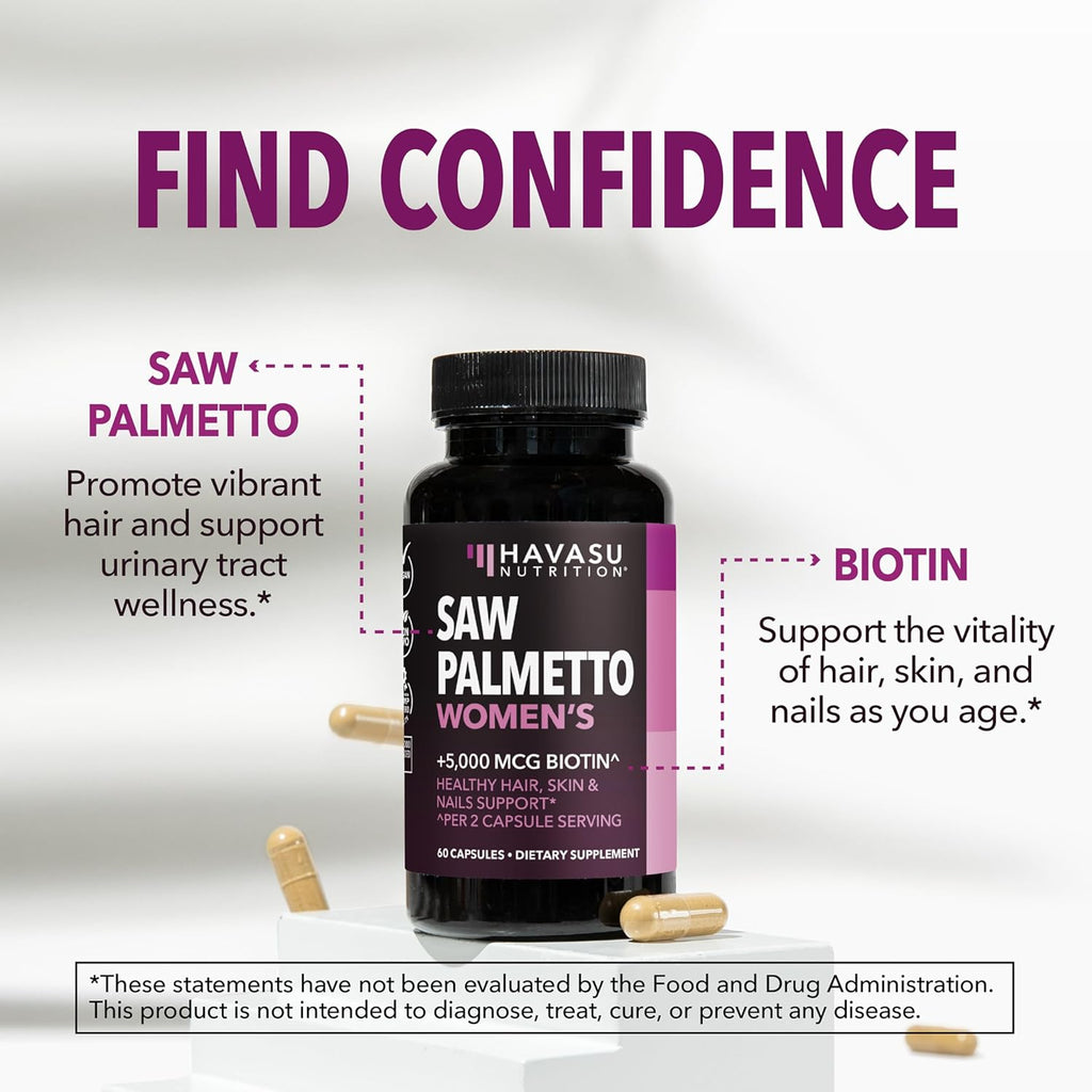 Saw Palmetto for Women with Biotin 5000mcg - Powerful DHT Blocker to Support Hair, Skin, and Nail Health - 60 Count - Vegan, Non-GMO Vitamin for Stronger, Fuller Looking Locks - 1 Month Supply