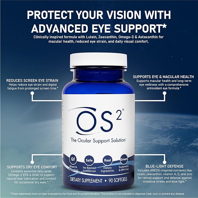 OS2 Ocular Support Solution - Patented Eye Vitamins for Macular Health, Dry Eye and Blue Light - Lutein, Zeaxanthin, Omega 3, Astaxanthin and AREDS2 Supplements, Co-Developed by NASA, 90 ct