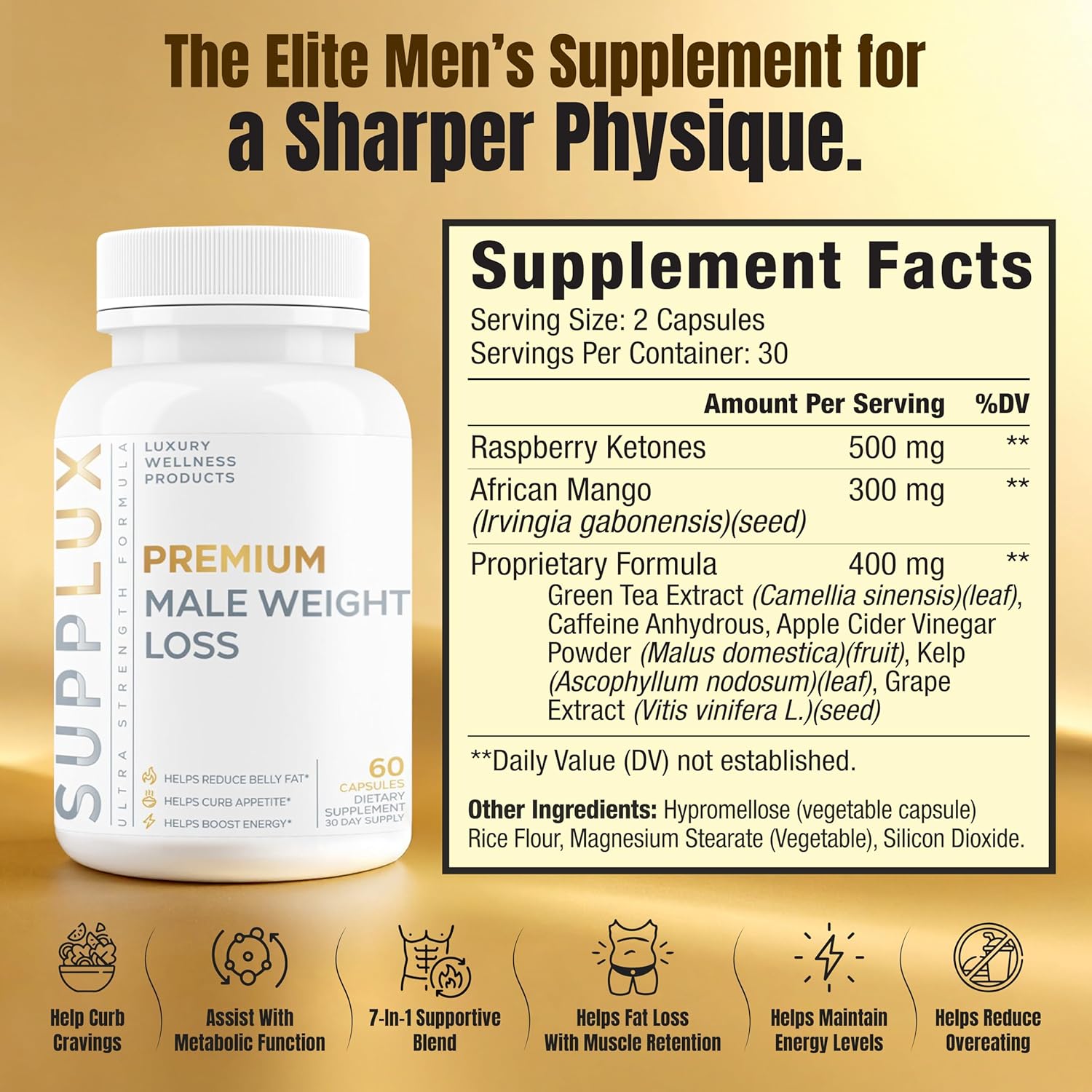 Premium Male Weight Loss - Fat Burner for Men - Supports Healthy Pathways Associated with GLP-1 Activity - Appetite Suppressant, Energy Booster, Helps Sustain Muscle - 60 Unisex Capsules