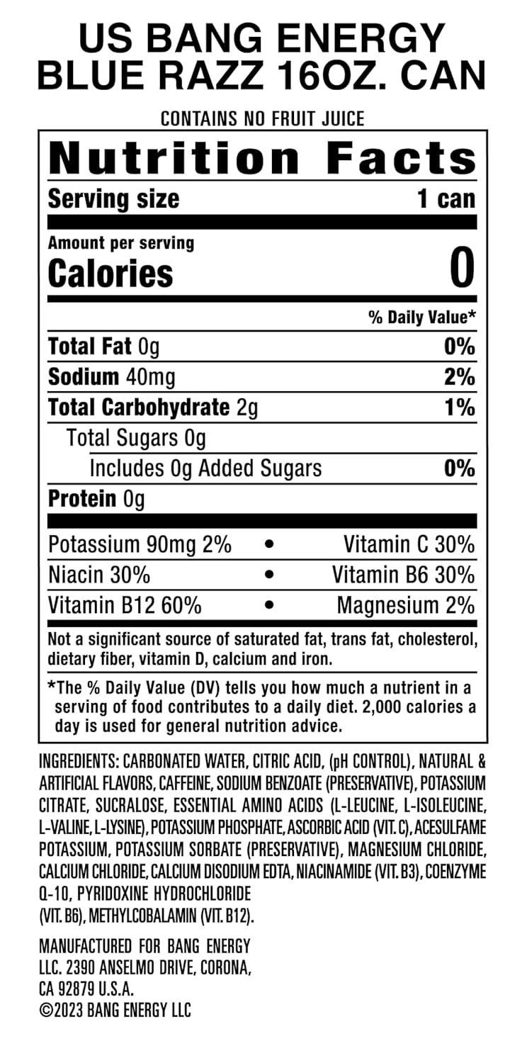 Bang Energy Blue Razz, Sugar-Free Energy Drink, 16-Ounce (Pack of 12)