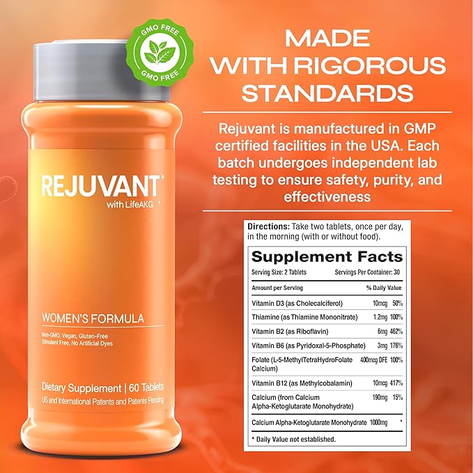 Rejuvant Women's AKG Longevity Supplement 1000MG Ultra 98% Pure (Calcium Alpha-Ketoglutarate), New Formula, Coated Tablets, Patented Vitamin Rich Controlled Release Formula, 60 Tablets
