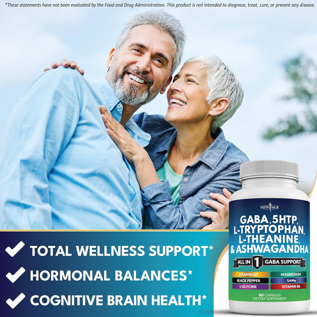 NEW AGE GABA 750mg 5 HTP 200mg L Tryptophan 500mg L Theanine 200mg Ashwagandha SAM-e L-Glycine - Vitamins for Women and Men with L-Tyrosine 5-HTP (5-Hydroxytryptophan) - 90 Count