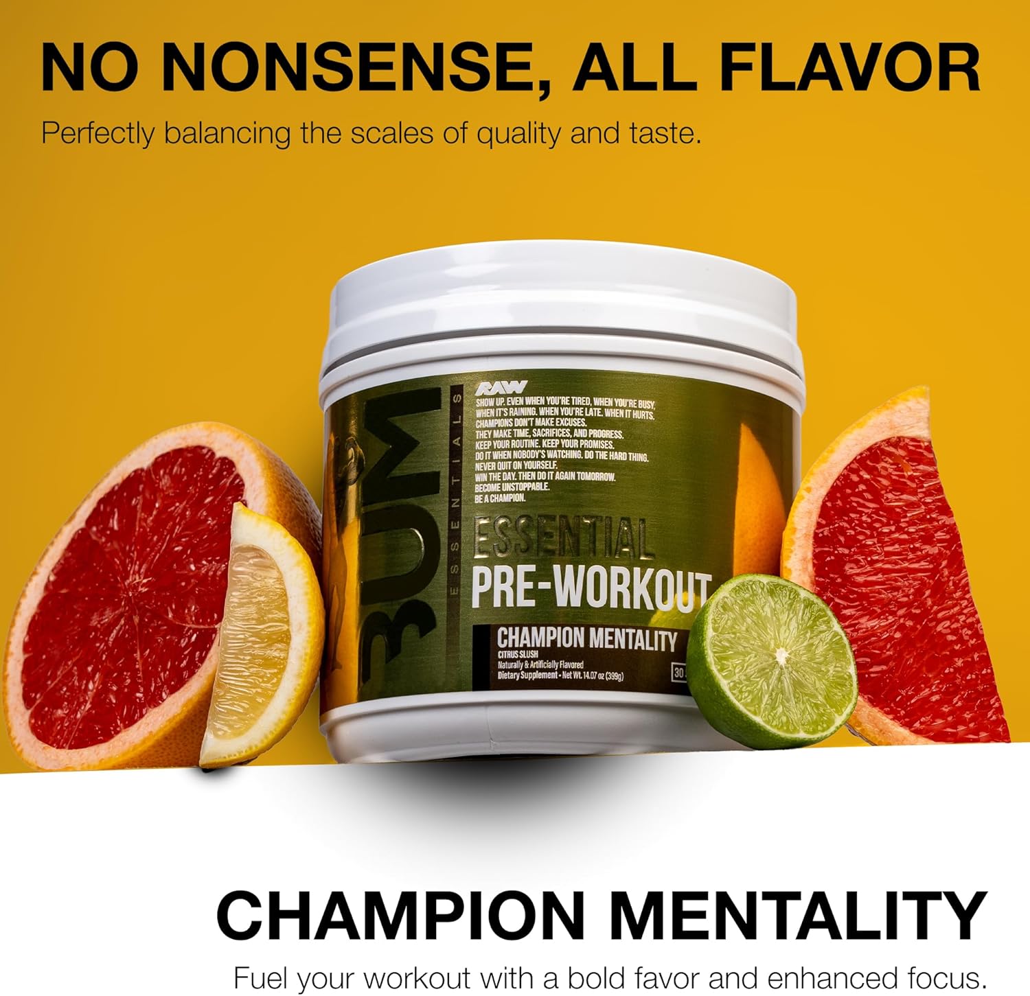 RAW Essential Pre-Workout Powder (Champion Mentality) - Chris Bumstead Sports Nutrition Supplement for Men & Women - Preworkout Energy Powder with Caffeine, L-Citrulline, L-Tyrosine & Beta Alanine
