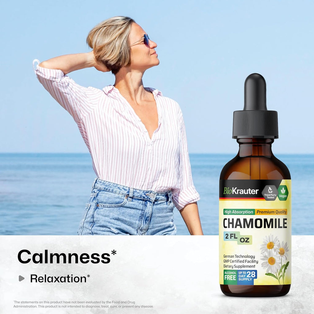 BIO KRAUTER® Chamomile Extract - Liquid Drops Pure Vegan Chamomile Supplement 670 mg per Serving 2 Fl.Oz 28-Day Supply - Used for Calm & Relax - Alcohol & Sugar Free - Natural Calm & Sleep Support